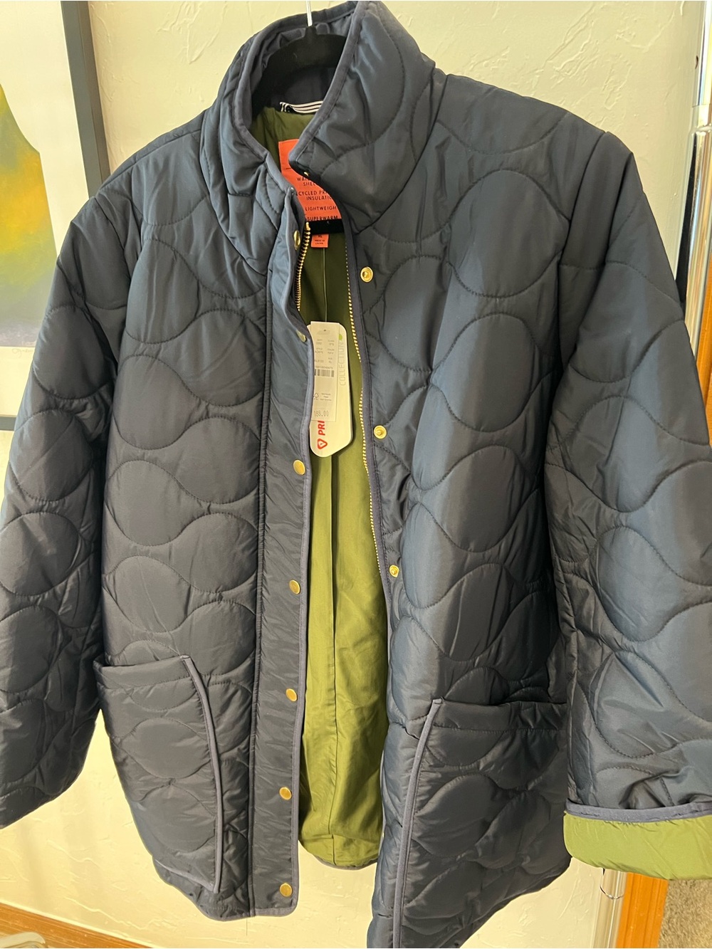 J. Crew Navy Quilted Puffer with Olive Interior